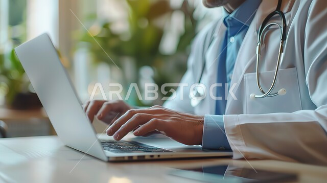 استخدام التقنيات الحديثة في العمل في المستشفيات والمراكز العلاجية، صورة مقربة لأيدي طبيب عربي خليجي سعودي يرتدي المعطف الطبي ويضع السماعة الطبية ويستخدم جهاز الحاسوب المحمول، تقديم الخدمات الصحية للمرضى في المملكة العربية السعودية