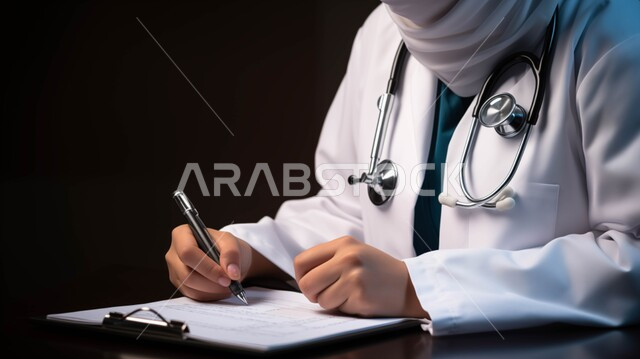 Providing medical consultations and therapeutic services to patients, working in Saudi hospitals and medical centers, women’s jobs and professions, close-up portrait of a Saudi Gulf Arab doctor wearing a white medical coat and an examination stethoscope recording the patient’s information, black background