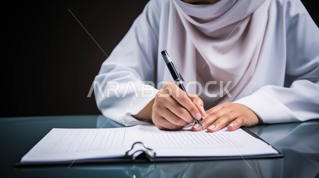 تقديم الاستشارت الطبيه والخدمات العلاجية للمرضى, العمل في المراكز الطبية والمستشفيات السعودية, مهن ووظائف نسائية, بورتريه مقرب لطبيبة عربية خليجية سعودية ترتدي المعطف الطبي الأبيض وسماعة الفحص تقوم بتدوين معلومات المريض, خلفية سوداء