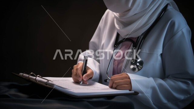 العمل في المراكز الطبية والمستشفيات السعودية, مهن ووظائف نسائية, تقديم الاستشارت الطبية والخدمات العلاجية للمرضى, بورتريه مقرب لطبيبة عربية خليجية سعودية ترتدي المعطف الطبي الأبيض وسماعة الفحص تقوم بتدوين معلومات المريض, خلفية سوداء