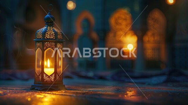 فوانيس وتحف وديكورات تقليدية للاحتفال بقدوم شهر رمضان المبارك، العادات والتقاليد العربية في زينة الأعياد والمناسبات الدينية، فانوس عربي معدني مزخرف مضيء على الأرض، أجواء رمضانية وروحانية إسلامية