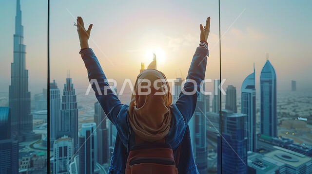 الفنون و التصاميم الهندسية المعمارية الحديثة لناطحات السحاب في مدينة دبي، النمو والتقدم العمراني للأبراج والمنشآت التجارية، صورة من الخلف لسيدة عربية خليجية محجبة ترفع يديها للاعلى بإيماءات النجاح والفوز، مفهوم تتحقيق اهداف واستراتيجيات العمل