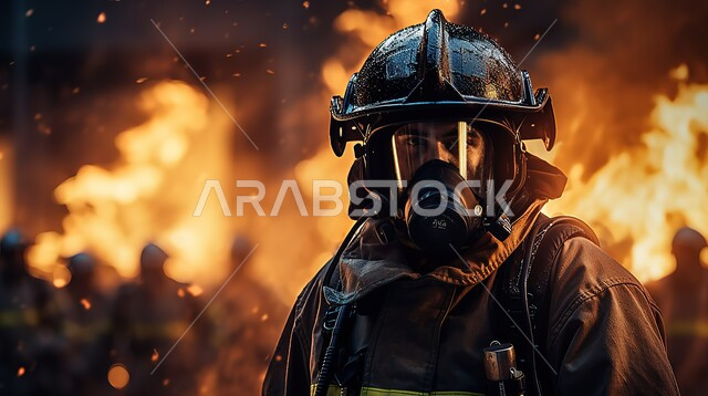 محاولة إنقاذ الأرواح داخل الحريق, مهن ووظائف سعودية, مفهوم الشجاعة والتفاني ,صورة مقربة لرجل الإطفاء يرتدي زي الحماية ينظر الى الكاميرا يقوم بمقاومة النار, إخماد الحرائق الضخمة, الدفاع المدني والحماية المدنية