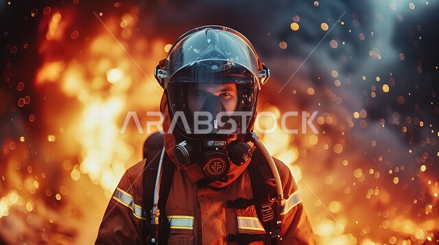 محاولة إنقاذ الأرواح داخل الحريق, مهن ووظائف سعودية, مفهوم الشجاعة والتفاني ,صورة مقربة لرجل الإطفاء يرتدي زي الحماية ينظر الى الكاميرا يقوم بمقاومة النار, إخماد الحرائق الضخمة, الدفاع المدني والحماية المدنية