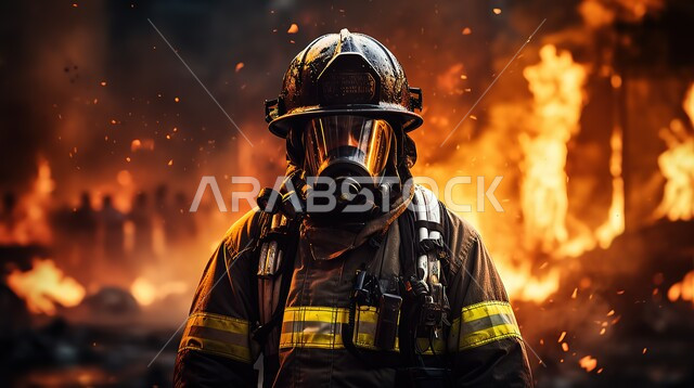 محاولة إنقاذ الأرواح داخل الحريق, مهن ووظائف سعودية, مفهوم الشجاعة والتفاني ,صورة مقربة لرجل الإطفاء يرتدي زي الحماية ينظر الى الكاميرا يقوم بمقاومة النار, إخماد الحرائق الضخمة, الدفاع المدني والحماية المدنية