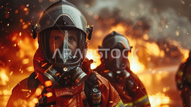 محاولة إنقاذ الأرواح داخل الحريق, مهن ووظائف سعودية, مفهوم الشجاعة والتفاني ,صورة مقربة لرجال الإطفاء يرتدون زي الحماية ينظرون الى الكاميرا يقومون بمقاومة النار, إخماد الحرائق الضخمة, الدفاع المدني والحماية المدنية