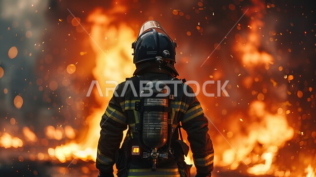 محاولة إنقاذ الأرواح داخل الحريق, مهن ووظائف سعودية, مفهوم الشجاعة والتفاني ,صورة مقربة من الخلف لرجل إطفاء يرتدي زي الحماية ينظر الى الكاميرا يقوم بمقاومة النار, إخماد الحرائق الضخمة, الدفاع المدني والحماية المدنية