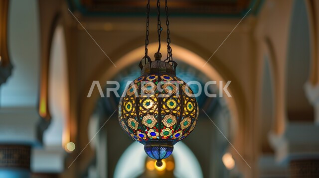 زينة وأنوار للأعياد والمناسبات الدينية، الفن الهندسي الاسلامي في التحف والديكورات، استقبال رمضان المبارك بالأجواء الروحانية، الفرحة بقدوم شهر الخير والبركة،  فانوس معدني مزخرف بزخارف فسيفسائية معلق في سقف مسجد