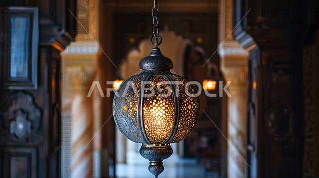 Joy of the arrival of the month of goodness and blessings, Islamic geometric art in antiques and decorations, metal lanterns hanging on the ceilings and corridors of Arab mosques, decorations and lights for holidays and religious occasions