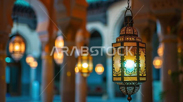 الفرحة بقدوم شهر الخير والبركة، استقبال رمضان المبارك بالأجواء الروحانية، الفن الهندسي الاسلامي في التحف والديكورات، فوانيس معدنية معلقة في سقوف وممرات المساجد العربية، زينة وأنوار للأعياد والمناسبات الدينية