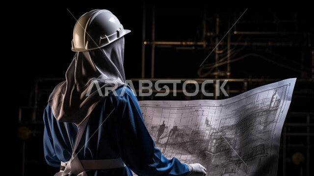 The concept of architectural engineering and construction, auditing and supervising work, verifying the implementation of construction projects, a picture from the back of a veiled Saudi Gulf Arab engineer wearing a protective jacket and helmet and holding engineering plans and designs in her hand, black background