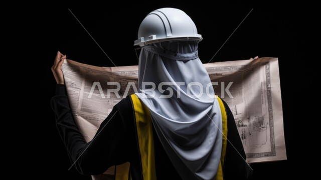 Auditing and supervising work, verifying the implementation of construction projects, the concept of architectural engineering and construction, a picture from the back of a veiled Saudi Arabian Gulf engineer wearing a protective jacket and helmet and holding engineering plans and designs in her hand, black background