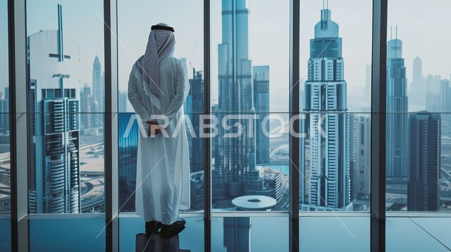 واجهات زجاجية ضخمة، خلفية الأبراج وناطحات السحاب في المملكة، صورة من الخلف رجل أعمال عربي خليجي سعودي يرتدي الزي التقليدي يقف في مقر العمل، إدارة وتنظيم الأعمال، مهن ووظائف سعودية