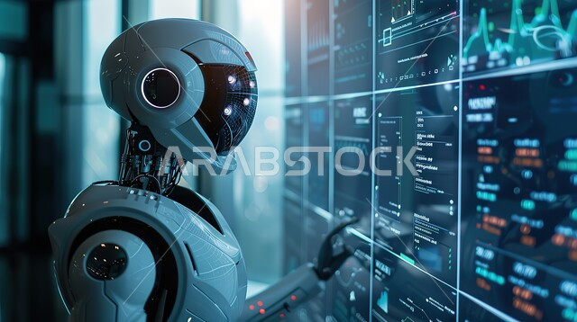 Achieving the technological future vision 2030, using smart robots in hospitals, providing medical care using modern technologies, the concept of digital transformation, a close-up image of an advanced robot in front of illuminated electronic screens that makes diagnoses by monitoring charts