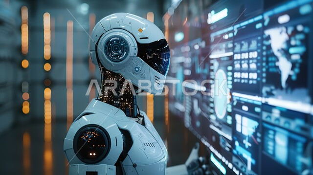 تحقيق الرؤية المستقبلية التكنولوجية 2030، استخدام الروبوتات الذكية في المشافي، تقديم الرعاية الطبية باستعمال التقنيات الحديثة، مفهوم التحول الرقمي، صورة مقربة لرجل آلي متطور أمام الشاشات الالكترونية المضيئة يقوم بالتشخيص من خلال مراقبة الرسوم البيانية