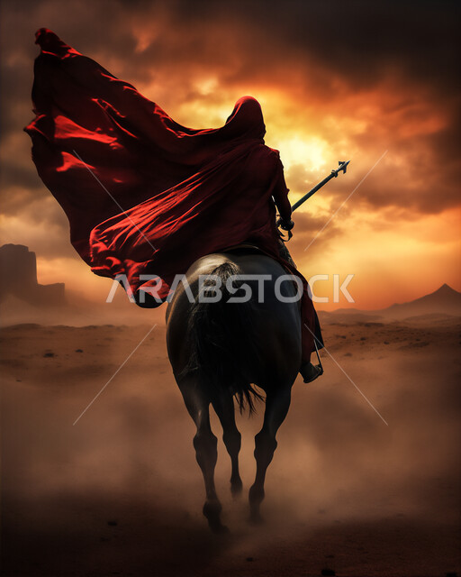 السفر و التنقل باستخدام الأحصنة, مفهوم الفروسية وهواية ركوب الخيل، إرث الأجداد في رعاية وتربية الخيول، أصالة الجياد العربية في المملكة, صورة من الخلف إمرأة عربية خليجية سعودية محجبة تمتطي فرس بني أصيل تسير في الصحراء وقت غروب الشمس