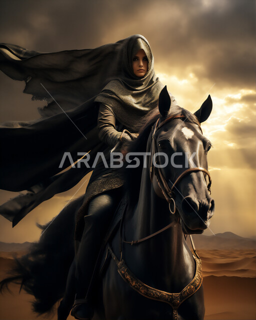 Traveling and moving around using horses, the concept of equestrianism and the hobby of horse riding, the legacy of the ancestors in caring for and raising horses, the originality of Arabian horses in the Kingdom, a veiled Saudi Gulf Arab woman riding a purebred brown horse looking at something with expressions of strength and determination.