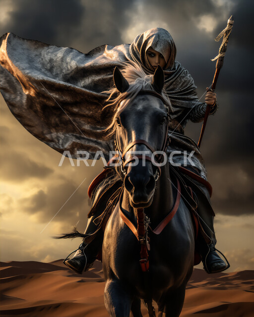 أصالة الجياد العربية في المملكة ,التنقل والسفر باستخدام الأحصنة, إرث الأجداد في رعاية وتربية الخيول، مفهوم الفروسية وهواية ركوب الخيل، صورة مقربة لإمرأة عربية خليجية سعودية محجبة تمتطي فرس بني أصيل تنظر إلى شيء ما بتعابير القوة