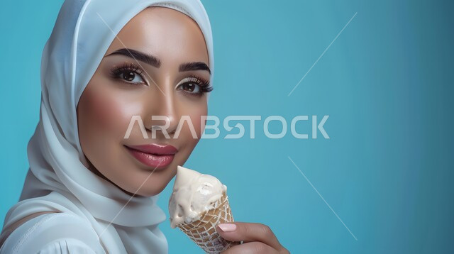 Cold summer sweets, sugars and high-calorie foods, a ball of vanilla and strawberry flavored ice cream, a close-up portrait of a smiling Saudi Arabian Gulf girl holding an ice cream biscuit in her hand, blue background.