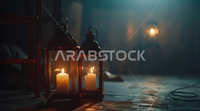  فوانيس وتحف وديكورات تقليدية للاحتفال بقدوم شهر رمضان المبارك، العادات والتقاليد العربية في زينة الأعياد والمناسبات الدينية، فانوس عربي معدني مزخرف مضيء على الأرض، أجواء رمضانية وروحانية إسلامية