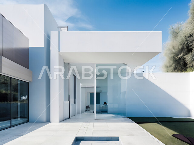Modern-style decorations for residential apartments and houses, architectural art for villas and new real estate, elegant and comfortable furniture, green shrubs and plants, urban growth and progress in the Kingdom of Saudi Arabia