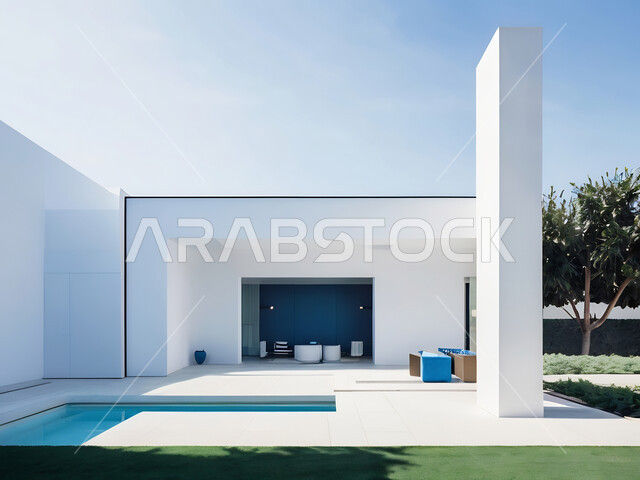 الشجيرات والنباتات الخضراء, النمو والتقدم العمراني في المملكة العربية السعودية، ديكورات على الطراز الحديث للشقق السكنية والمنازل، أثاث أنيق ومريح، الفن الهندسي المعماري للفلل والعقارات الجديدة