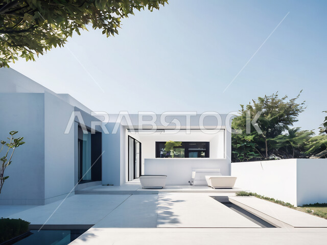 Growth and urban progress in the Kingdom of Saudi Arabia, modern-style decorations for residential apartments and houses, elegant and comfortable furniture, architectural engineering art for villas and new real estate, green shrubs and plants.