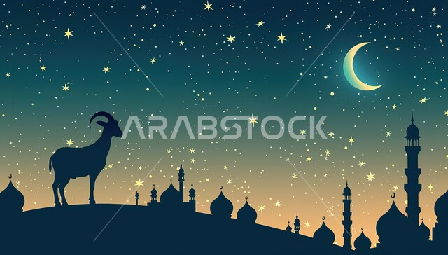  قربان عيد الأضحى المبارك, المناسبات والأعياد الاسلامية, السماء المرصعة بالنجوم اللامعة مع الهلال المضيء, خلفيات دينية إسلامية ملونة, صورة ظلية لحيوان الماعز بخلفية لمسجد له قبب ومآذن شامخة