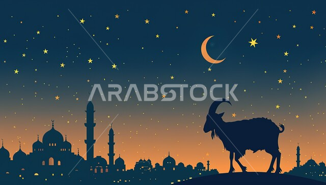  المناسبات والأعياد الاسلامية, السماء المرصعة بالنجوم اللامعة مع الهلال المضيء, خلفيات دينية إسلامية ملونة, صورة ظلية لحيوان الماعز بخلفية لمسجد له قبب ومآذن شامخة, قربان عيد الأضحى المبارك