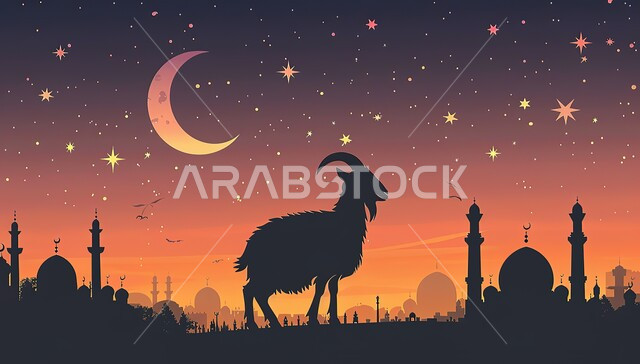 Bright starry sky with a luminous crescent, colorful Islamic religious backgrounds, silhouette of a goat animal against the background of a mosque with towering domes and minarets, sacrifice of Eid al-Adha, occasions and holidays in Islam