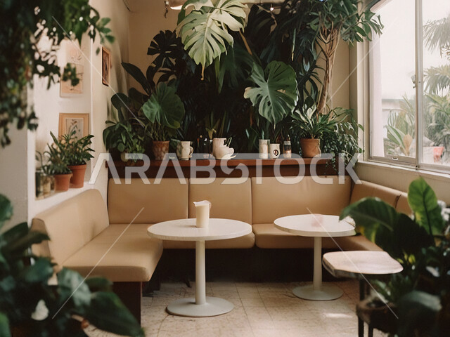 جلسات وأجواء لطيفة, استخدام النباتات للزينة, الديكورات والتصاميم الداخلية للكافيهات والمطاعم، صالة مطعم ومقهى بديكورات وألوان هادئة، أثاث داخلي راقي لمطعم على الطراز الحديث في المملكة العربية السعودية