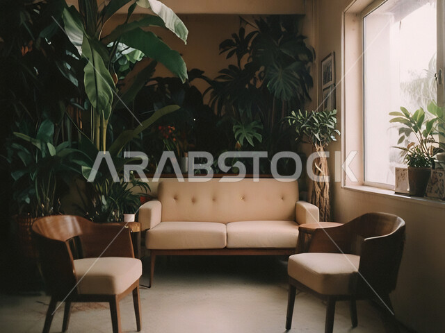 استخدام النباتات للزينة, الديكورات والتصاميم الداخلية للكافيهات والمطاعم، صالة مطعم ومقهى بديكورات وألوان جذابة، أثاث داخلي راقي لمطعم على الطراز الحديث في المملكة العربية السعودية, أجواء وجلسات هادئة ولطيفة