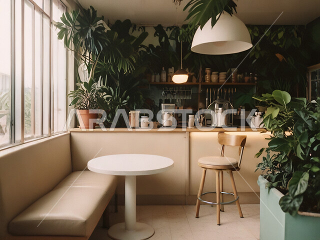 استخدام النباتات للزينة, الديكورات والتصاميم الداخلية للكافيهات والمطاعم، صالة مطعم ومقهى بديكورات وألوان جذابة، أثاث داخلي راقي لمطعم على الطراز الحديث في المملكة العربية السعودية, أجواء وجلسات هادئة ولطيفة