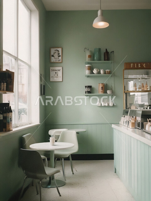 الهندسة الفنية المعمارية لبناء المقاهي في المملكة, أثاث داخلي راقي باللون الاخضر لمطعم على الطراز الحديث في السعودية, صالة مقهى بديكورات وألوان هادئة، الديكورات والتصاميم الداخلية للكافيهات والمطاعم