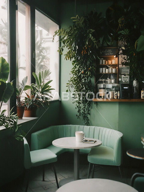 الديكورات والتصاميم الداخلية للكافيهات والمطاعم، أثاث داخلي راقي باللون الاخضر لمطعم على الطراز الحديث في المملكة العربية السعودية, صالة مقهى بديكورات وألوان هادئة