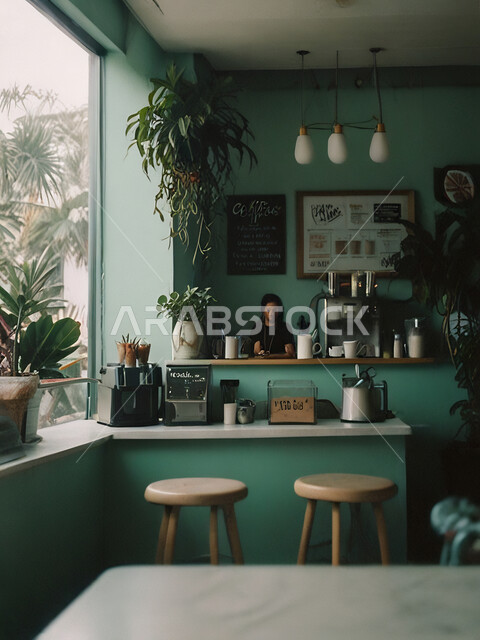 الديكورات والتصاميم الداخلية للكافيهات والمطاعم، أثاث داخلي راقي باللون الاخضر لمطعم على الطراز الحديث في المملكة العربية السعودية, صالة مقهى بديكورات وألوان هادئة