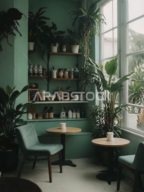 صالة مقهى بديكورات وألوان هادئة، الديكورات والتصاميم الداخلية للكافيهات والمطاعم، أثاث داخلي راقي باللون الاخضر لمطعم على الطراز الحديث في المملكة العربية السعودية