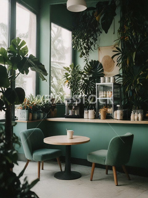 صالة مقهى بديكورات وألوان هادئة، الديكورات والتصاميم الداخلية للكافيهات والمطاعم, الهندسة الفنية المعمارية لبناء المقاهي في المملكة, أثاث داخلي راقي باللون الاخضر لمطعم على الطراز الحديث في السعودية