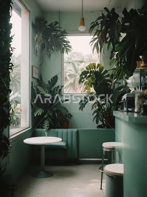 صالة مقهى بديكورات وألوان هادئة، الديكورات والتصاميم الداخلية للكافيهات والمطاعم, الهندسة الفنية المعمارية لبناء المقاهي في المملكة, أثاث داخلي راقي باللون الاخضر لمطعم على الطراز الحديث في السعودية
