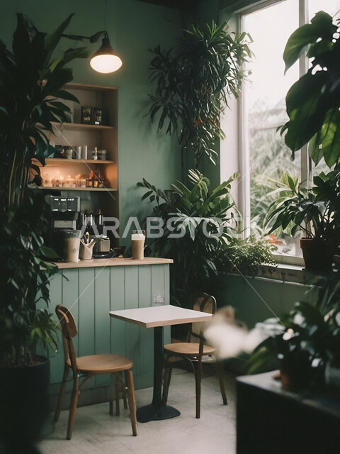 جودة التصاميم والديكورات الداخلية للكافيهات والمطاعم, الهندسة الفنية المعمارية لبناء المقاهي في المملكة, أثاث داخلي راقي باللون الاخضر لمطعم على الطراز الحديث في السعودية, صالة مقهى بديكورات وألوان هادئة