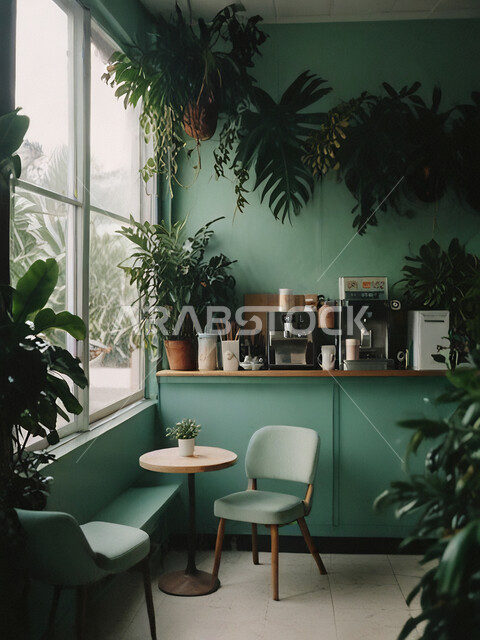 جودة التصاميم والديكورات الداخلية للكافيهات والمطاعم, الهندسة الفنية المعمارية لبناء المقاهي في المملكة, أثاث داخلي راقي باللون الاخضر لمطعم على الطراز الحديث في السعودية, صالة مقهى بديكورات وألوان هادئة