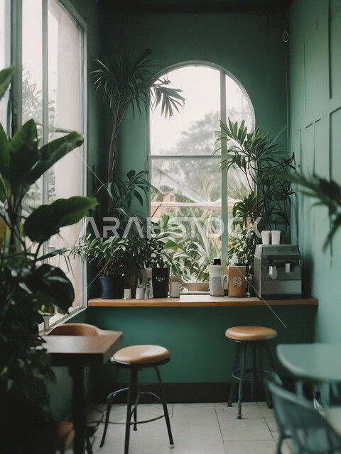 جودة التصاميم والديكورات الداخلية للكافيهات والمطاعم, الهندسة الفنية المعمارية لبناء المقاهي في المملكة, أثاث داخلي راقي باللون الاخضر لمطعم على الطراز الحديث في السعودية, صالة مقهى بديكورات وألوان هادئة