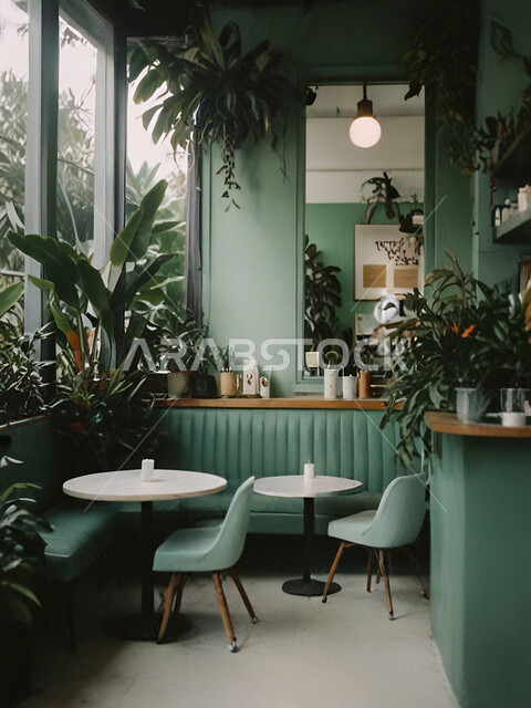 الهندسة الفنية المعمارية لبناء المقاهي في المملكة, أثاث داخلي راقي باللون الاخضر لمطعم على الطراز الحديث في السعودية, صالة مقهى بديكورات وألوان هادئة، الديكورات والتصاميم الداخلية للكافيهات والمطاعم