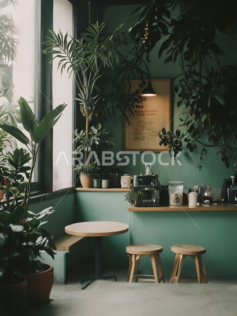 الفن الهندسي المعماري لبناء المقاهي في المملكة, أثاث داخلي راقي باللون الاخضر لمطعم على الطراز الحديث في السعودية, صالة مقهى بديكورات وألوان هادئة، الديكورات والتصاميم الداخلية للكافيهات والمطاعم