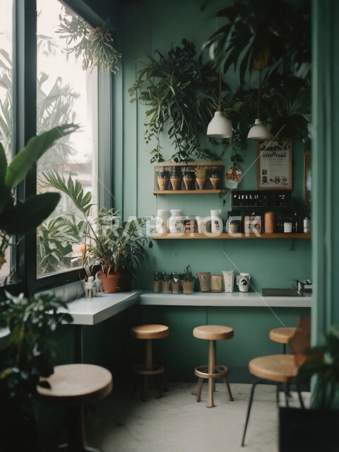 الهندسة الفنية المعمارية لبناء المقاهي في المملكة, أثاث داخلي راقي باللون الاخضر لمطعم على الطراز الحديث في السعودية, صالة مقهى بديكورات وألوان هادئة، الديكورات والتصاميم الداخلية للكافيهات والمطاعم