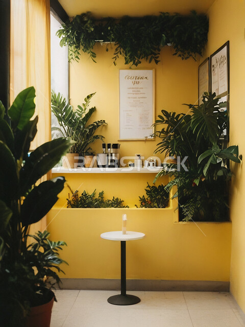 التصاميم الداخلية والديكورات للكافيهات والمطاعم، صالة مقهى بديكورات وألوان جذابة، أثاث داخلي راقي باللون الاصفر لمطعم على الطراز الحديث في المملكة العربية السعودية، استخدام النبات الداخلي في الزينة