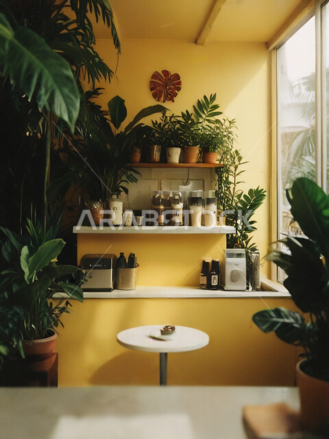 الديكورات الداخلية للكافيهات والمطاعم، صالة مقهى بديكورات وألوان جذابة، أثاث داخلي راقي باللون الاصفر لمطعم على الطراز الحديث في المملكة العربية السعودية، استخدام النبات الداخلي في الزينة