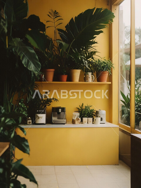 استخدام النبات الداخلي في الزينة, التصاميم الداخلية والديكورات للكافيهات والمطاعم، صالة مقهى بديكورات وألوان جريئة، أثاث داخلي راقي باللون الاصفر لمطعم على الطراز الحديث في المملكة العربية السعودية