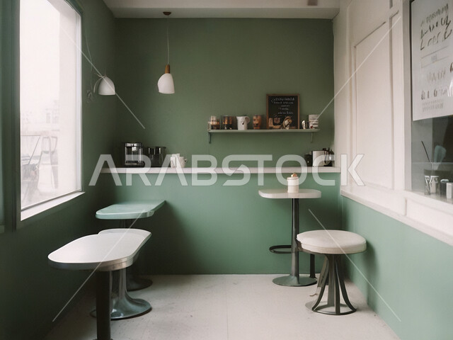 الهندسة الفنية المعمارية لبناء المقاهي في المملكة, أثاث داخلي راقي باللون الاخضر لمطعم على الطراز الحديث في السعودية, صالة مقهى بديكورات وألوان هادئة، الديكورات والتصاميم الداخلية للكافيهات والمطاعم