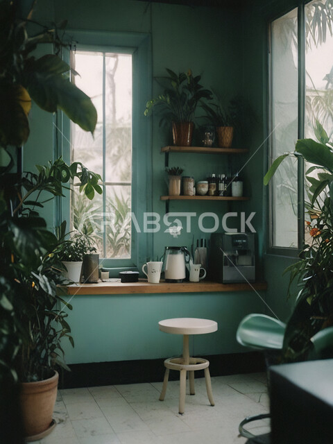 Architectural engineering for building cafes in the Kingdom, upscale green interior furniture for a modern-style restaurant in Saudi Arabia, a cafe lounge with decor and calm colors, interior decorations and designs for cafes and restaurants